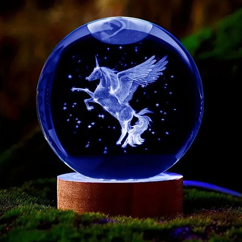 Unicorn 3D Crystal Ball Internal Carving Colorful Light